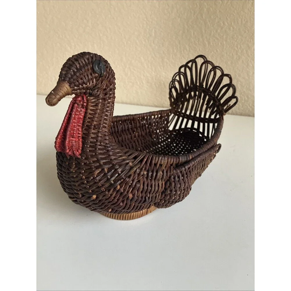 Vintage Turkey Wicker Basket Thanksgiving Cottage Fall Family Boho Feast